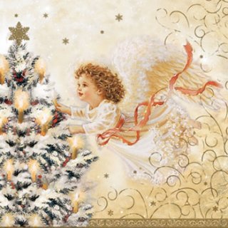 ペーパーナプキン（33)Maki：（5枚）天使とクリスマスツリー（クリーム）-MA81