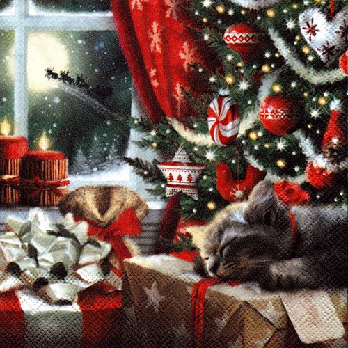 ペーパーナプキン（25)IHR：（5枚）CAT IS WAITING FOR CHRISTMAS