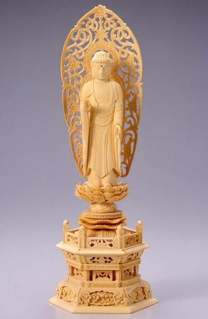 仏像 舟立弥陀 阿弥陀如来（白木 桧・六角座） 3.5寸 - 仏壇仏具の