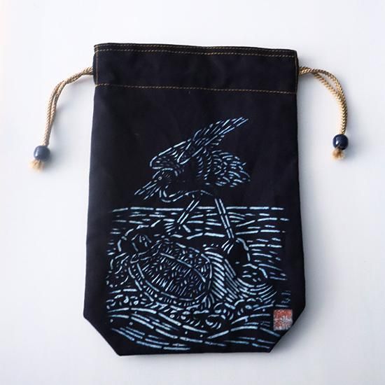 藍染め巾着 鶴亀 鴨川萬祝染 鈴染【クリックポスト可】