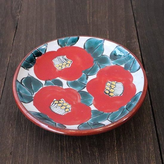 椿文 赤 豆皿 笠間焼 井上憲一郎 直径120×高さ25mm | 大胆な絵付けが