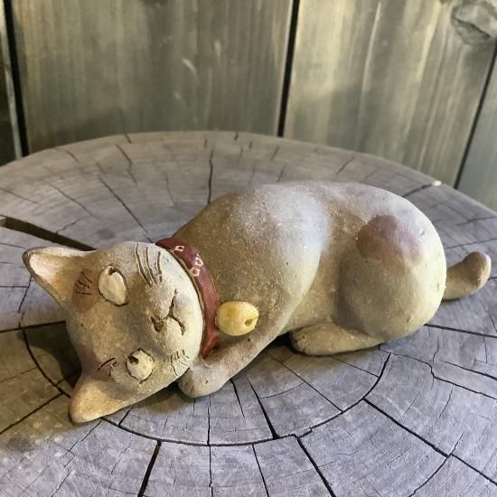 白福猫の置き物 和紙 陶器 作家物