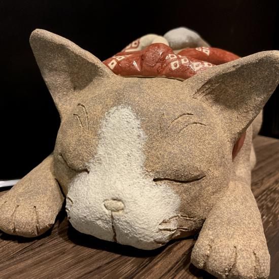 めい窯 猫の置物(ハチワレ茶)・大 - うつわ青文字