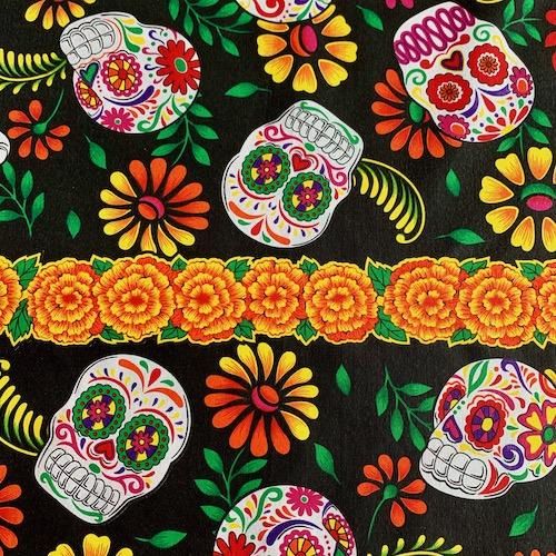 メキシコ製生地】死者の日スカル柄(ブラック)【1単位/150×50cm】 メキシコ製生地】死者の日スカル柄(ブラック)【1単位/150×50cm】