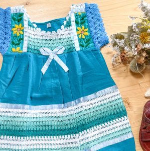 【メキシコ刺繍】ベビー/キッズワンピース［サイズ 80-90］袖付きグリーン