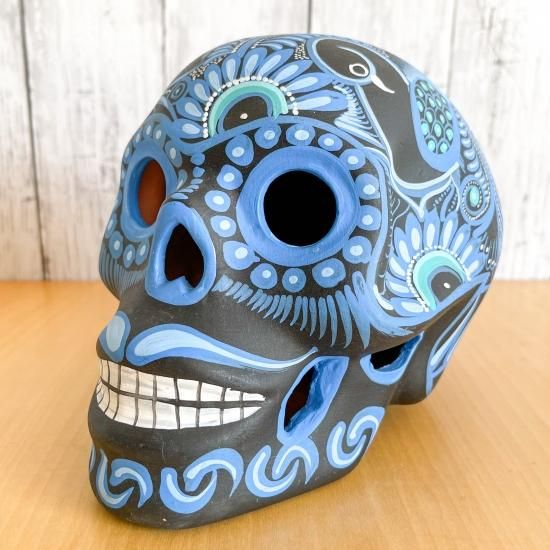 【メキシコ・オアハカ直輸入】スカルデザインの陶器製スパイスジャー メキシコ 陶器 ガイコツ メキシカンスカル フラワーLL（ピンク