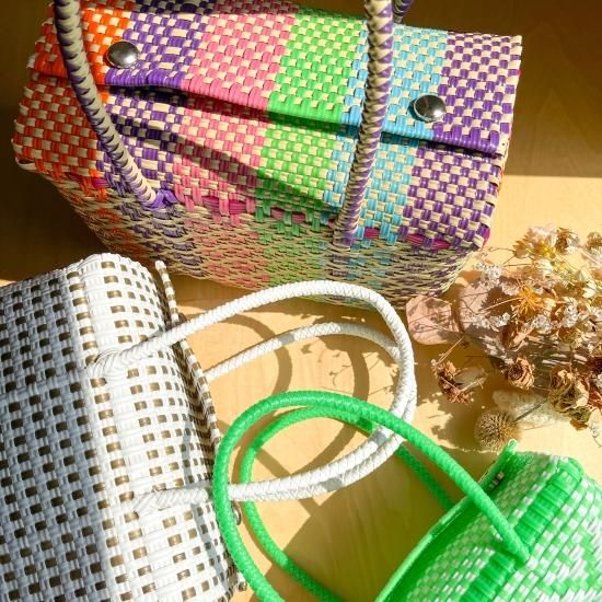 メキシコ製】メルカドバッグ蓋付きS ボックス型（ストライプ