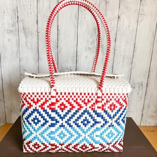 新品＊メルカドバッグ＊メキシコ雑貨＊ミニサイズ＊ピンク×ホワイト×花柄 メルカドバッグS 白×コーラルピンク×桜ピンク×フューシャ（縦