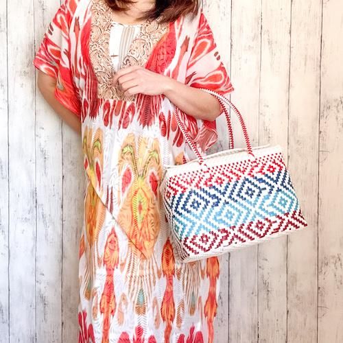 メキシコ製】メルカドバッグ蓋付きM ボックス型（ボーダー花柄