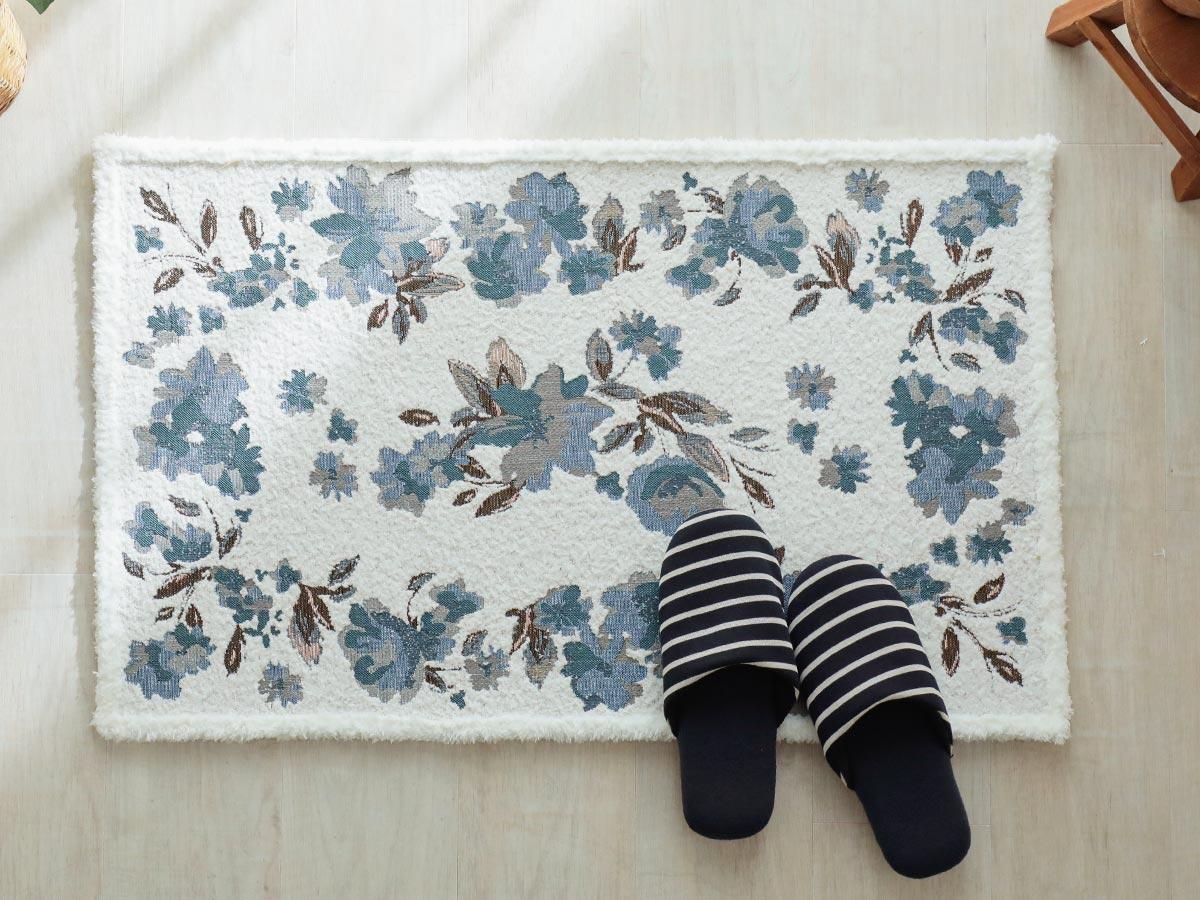 玄関マット　花柄刺繍ネイビーブルー　ラグ ふわふわで優しい踏み心地♪花柄玄関マット『フルリール ブルー