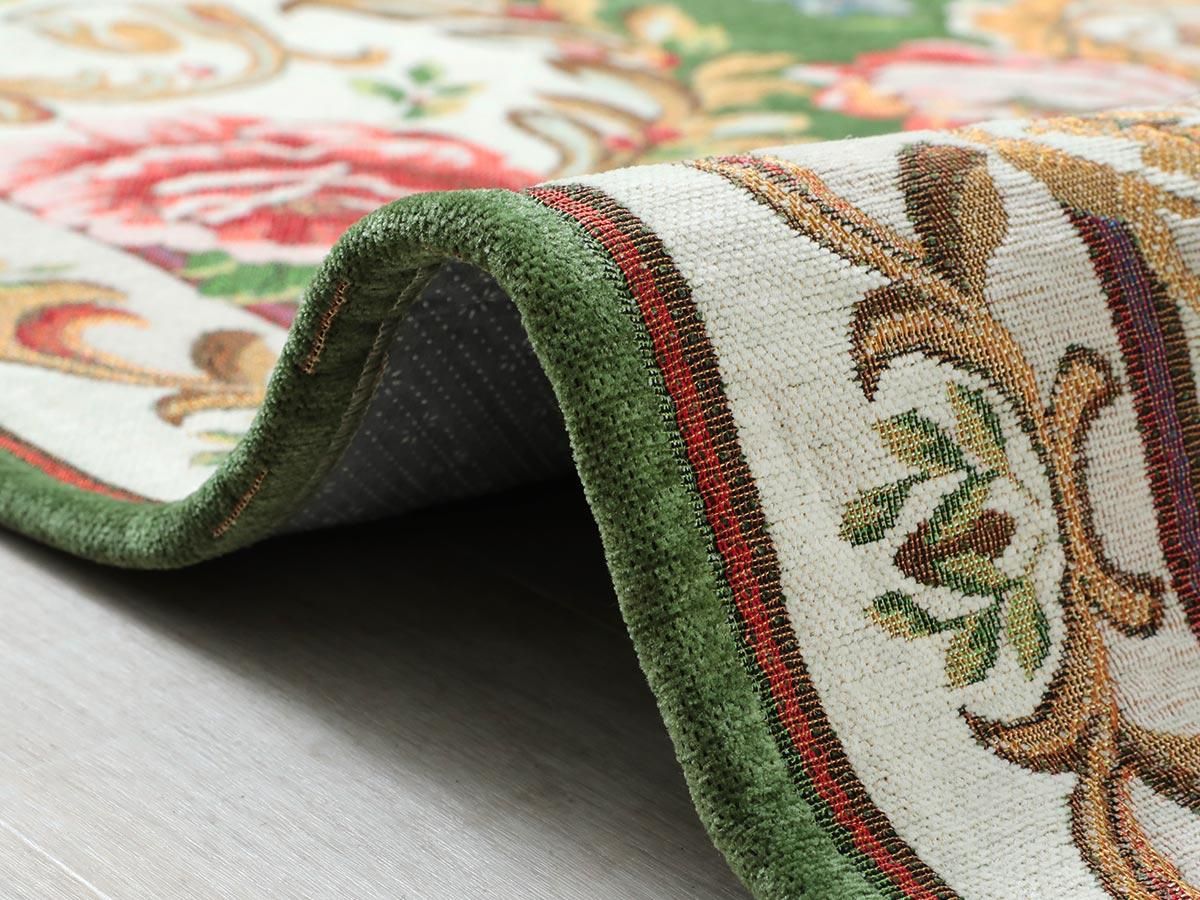 丸洗いOK！ゴブラン織りヨーロピアン調花柄ラグ『ジェンヌ グリーン