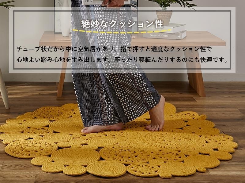 ラウンドラグ、ブラックグレーオレンジイエローの幾何学模様