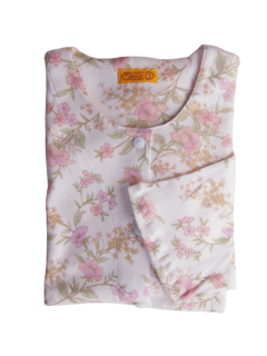 婦人 長袖 前開きパジャマ<br>「春の庭　ピンク」<br>やや厚地の30スムース<br>　
