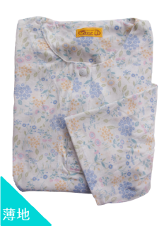婦人 七分袖 かぶりパジャマ<br>ズボンポケット付き<br>「野の花　ブルー」<br>薄地・天竺<br>
