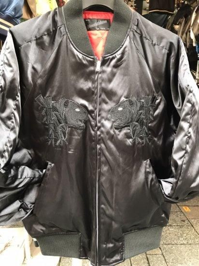 【美品】ショット☆タイガー　刺繍　極上　スカジャン　上野商会　メンズ　黒　L 閉店セール】虎刺繍 和柄刺繍 サテン スカジャン 本格 刺繍