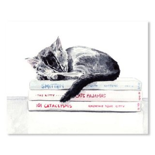 Sleepy Kitten Cat On Books Library Cute Kity Gray Striped
