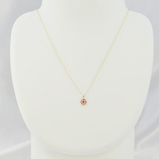 ピンク サファイア ルビー ネックレス K18 イエローゴールド 花