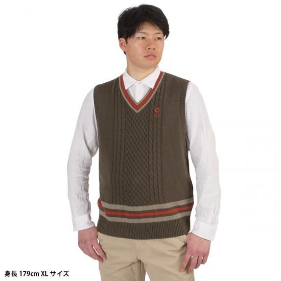 ケーブルVネックニットベスト メンズ / ディープオリーブ