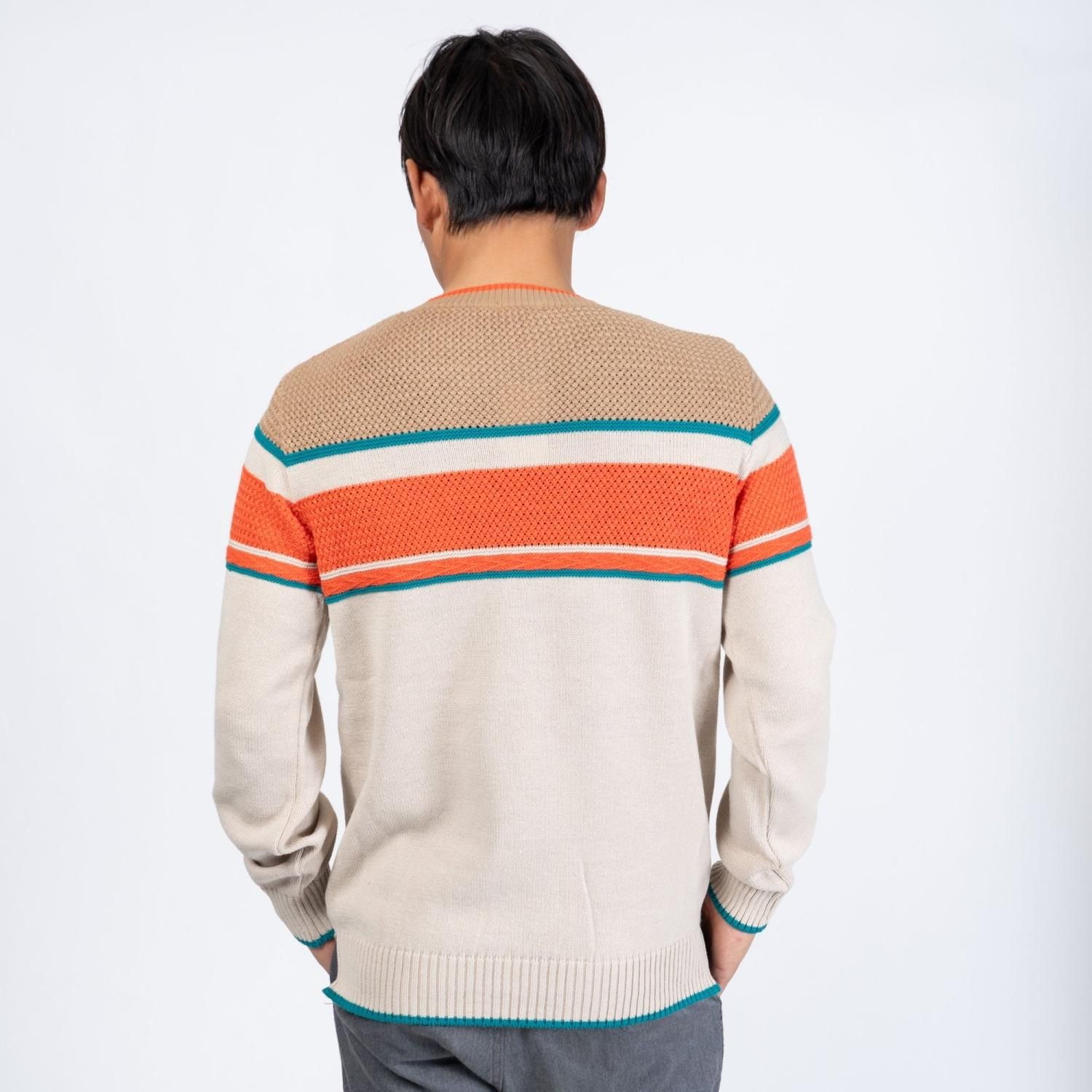 メンズ ボーダークルーネックニットセーター ベージュ X オレンジ Gorurun ごるらん メンズ ボーダークルーネックニットセーター ベージュ X オレンジ Gorurun ごるらん