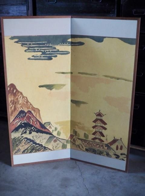 古屏風。水墨画4点裝裱。美品。戰前。明治-昭和時代初期。希有品。古美術。骨董品。 現代アート 淡い色彩の素敵な屏風 在銘 昭和中期 古録展 送料別