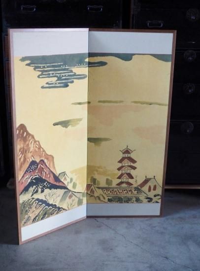 昭和レトロな衝立 屏風 現代アート 淡い色彩の素敵な屏風 在銘 昭和中期 古録展 送料別