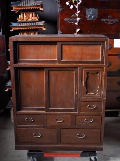 前栗造総無垢材 昭和レトロ茶箪笥 昭和前期 古録展 送料別 L