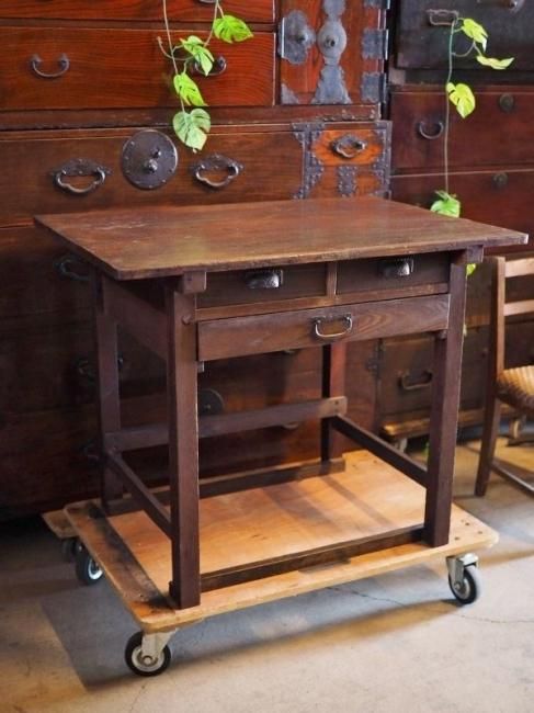 吉川木工 木製 ライティングビューロー デスク 3段引き出し 収納家具