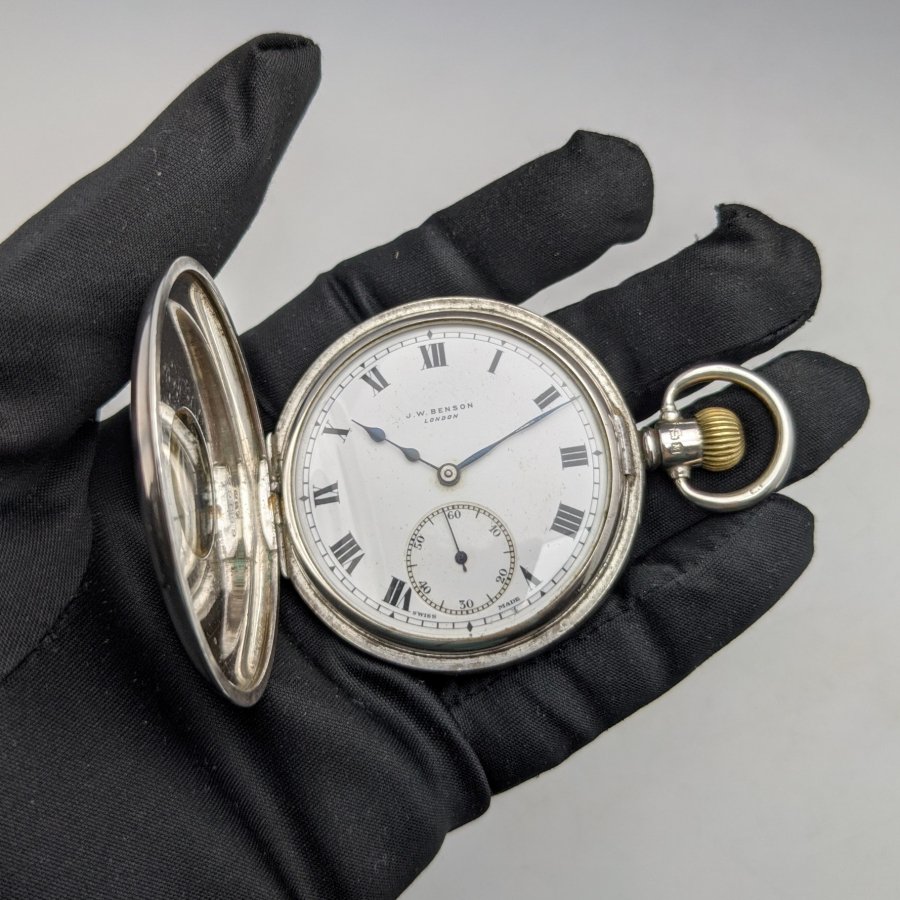 1936年 英国ヴィンテージ J.W.ベンソン 銀無垢ハーフハンター懐中時計 デニソンケース