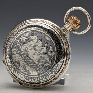 【整備済み】1900年頃 動作良好 スイス製 懐中時計 象嵌ニエロ純銀ハンターケース