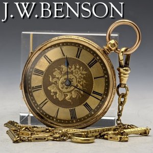 【整備済】1890年 英国アンティーク 動作良好 ベンソン 18金無垢 鍵巻き 懐中時計 アルバートチェーン付