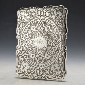 1866年 英国アンティーク 超細密彫刻 純銀カードケース 59g Frederick Marson