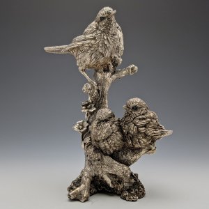純銀張り彫刻  3羽の小鳥 オブジェ 407g 高さ165mm 英国カントリーアーティスト社