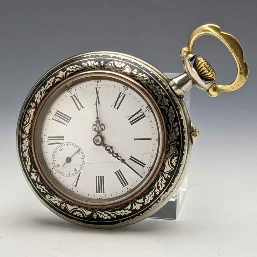アンティーク 動作良好 スイス製 純銀細密ニエロ象嵌ケース 懐中時計