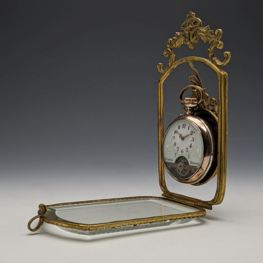 フレンチアンティーク 真鍮製 ガラス蓋 懐中時計ホルダー ディスプレイ 