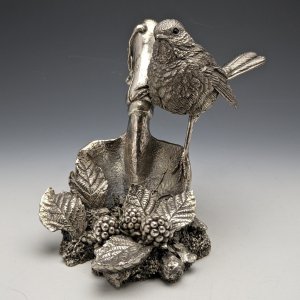 純銀張り彫刻 コマドリとスコップ オブジェ 447g 英国 カントリーアーティスト社