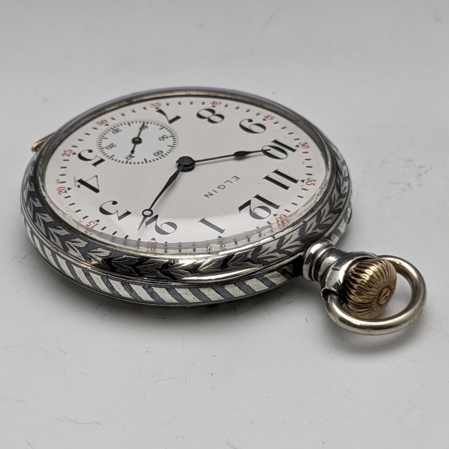 1913年 アンティーク 動作品 エルジン 16S 銀側ニエロ象嵌 懐中時計