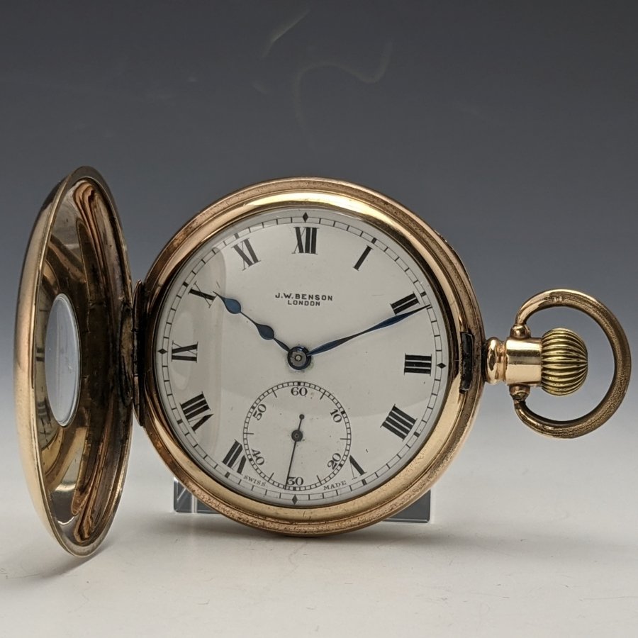 1920年頃 英国アンティーク 動作良好 ベンソン 金張りデニソン ハーフハンター 懐中時計