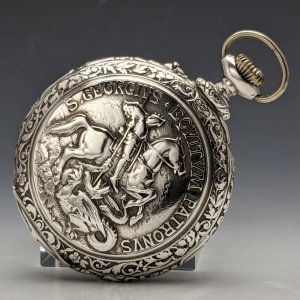 アンティーク 動作品 SIN IGUAL セントジョージ彫刻 銀側ケース 懐中時計