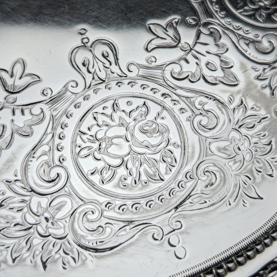1872年 英国アンティーク 純銀製 サルヴァ カードトレイ 直径21cm 304g 