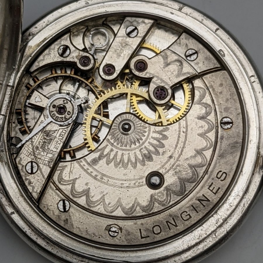 1901年頃 アンティーク 動作良好 ロンジン 直径50mm 彫刻銀側ハンターケース 懐中時計