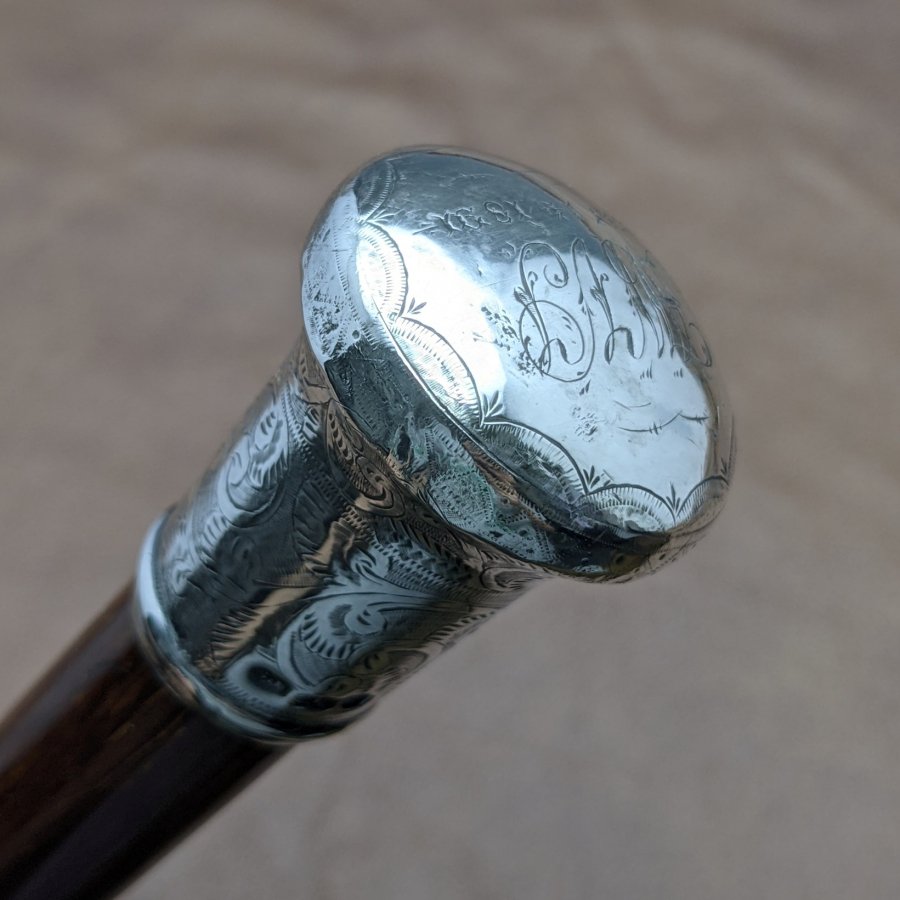 1919年 英国アンティーク 紳士用ステッキ 杖 純銀装飾 曲がりハンドル 