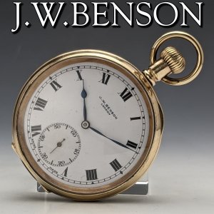 英国ヴィンテージ 可動品 ベンソン ローマンダイヤル 金張りオープンフェース 懐中時計