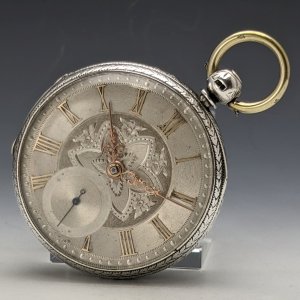 【整備済】1880年 英国アンティーク 動作良好 装飾ダイヤル 鍵巻き 懐中時計 直径53mm