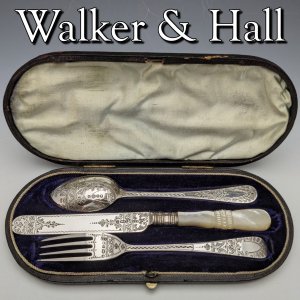 1885年 英国アンティーク 純銀 クリスニングカトラリーセット BOX入り Walker & Hall