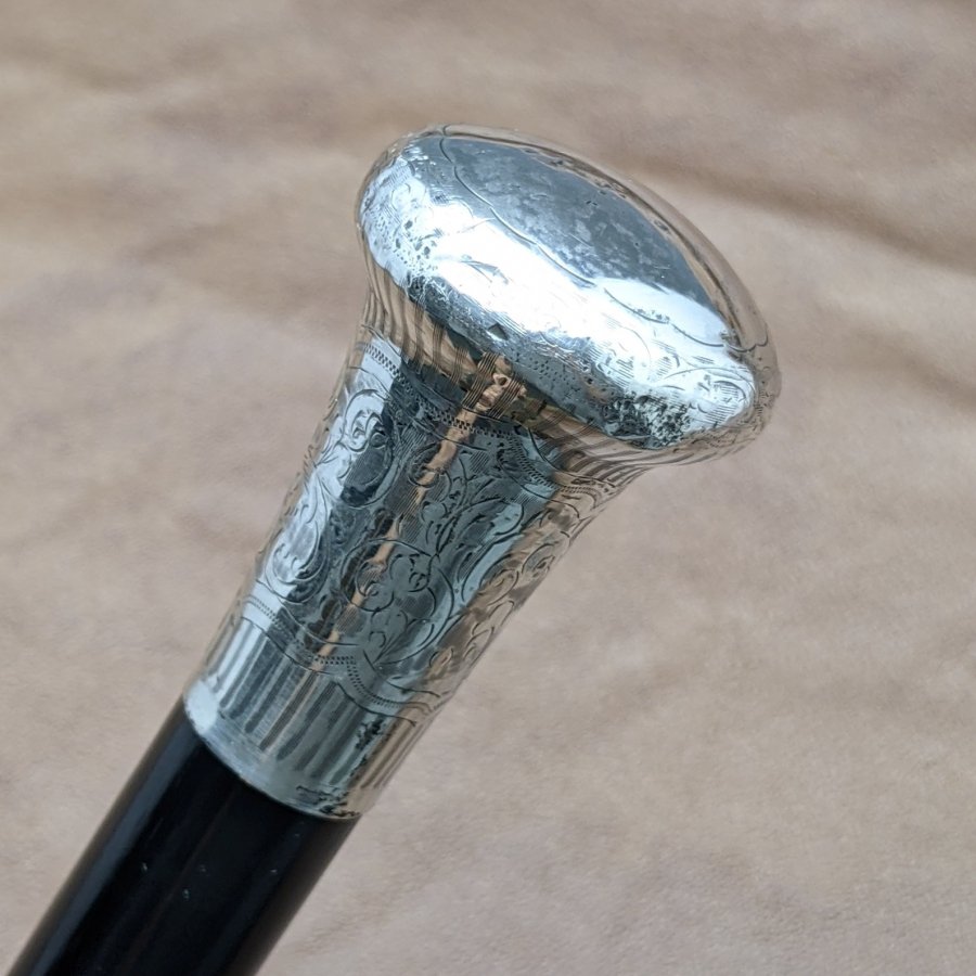 1922年 英国アンティーク 純銀ポンメルハンドル エボナイズドシャフト 紳士用ステッキ 杖 91cm 杖、ステッキ