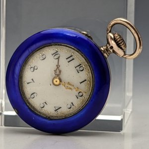 1900年頃 アンティーク スイス製 無銘 銀側ブルーエナメル装飾 レディース懐中時計