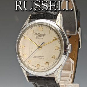 英国ヴィンテージ 動作良好 ラッセル メタルケース 紳士用 3針 21石 自動巻き 腕時計