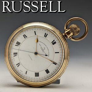 英国アンティーク 動作良好 ラッセル センターセコンド 金張りケース 懐中時計