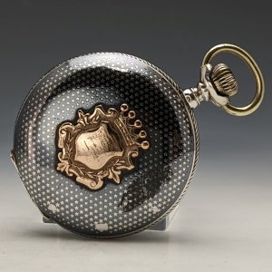 1900年頃 アンティーク 動作良好 スイス製 無銘 ゴールドカルトゥーシュ 純銀ニエロ象嵌 ハンターケース 懐中時計