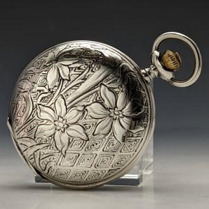 1906年頃 アンティーク 動作良好 オメガ 水仙彫刻 銀側 ハンターケース懐中時計
